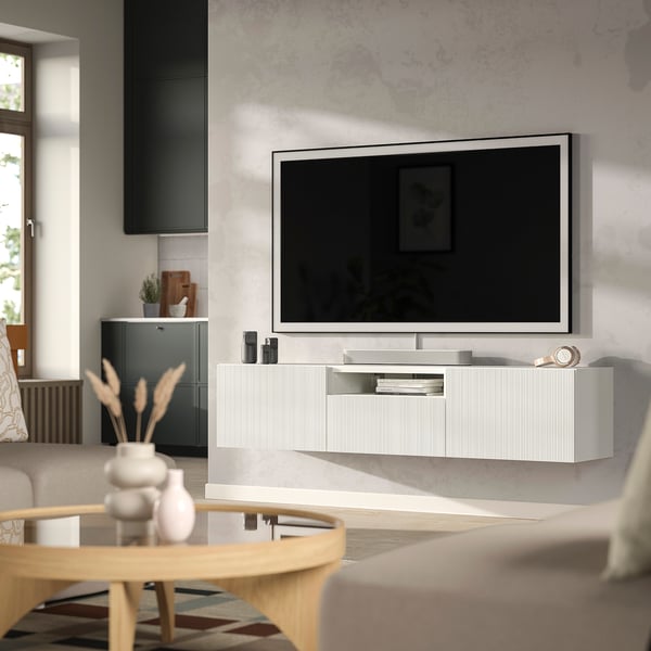 BESTÅ Meuble télé, blanc/Förvaltare blanc, 70 7/8x16 1/2x15 3/8 "