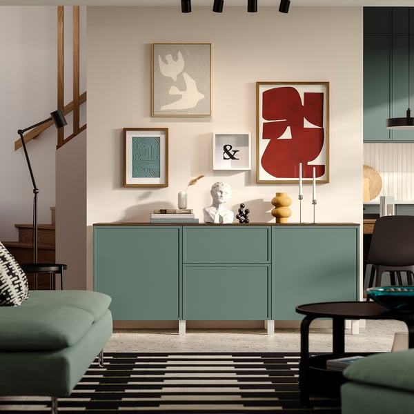 BESTÅ Rangement avec tiroirs, blanc/Krukmakare gris-vert foncé, 70 7/8x16 1/2x29 5/8 "