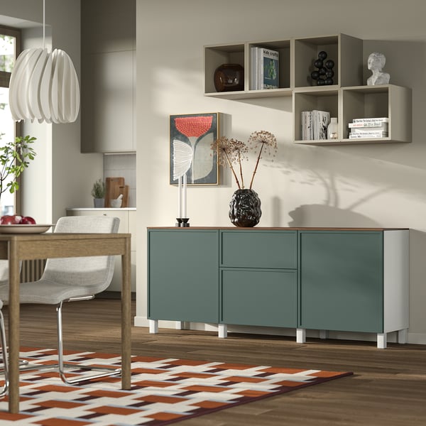 BESTÅ Rangement avec tiroirs, blanc/Krukmakare gris-vert foncé, 70 7/8x16 1/2x29 5/8 "