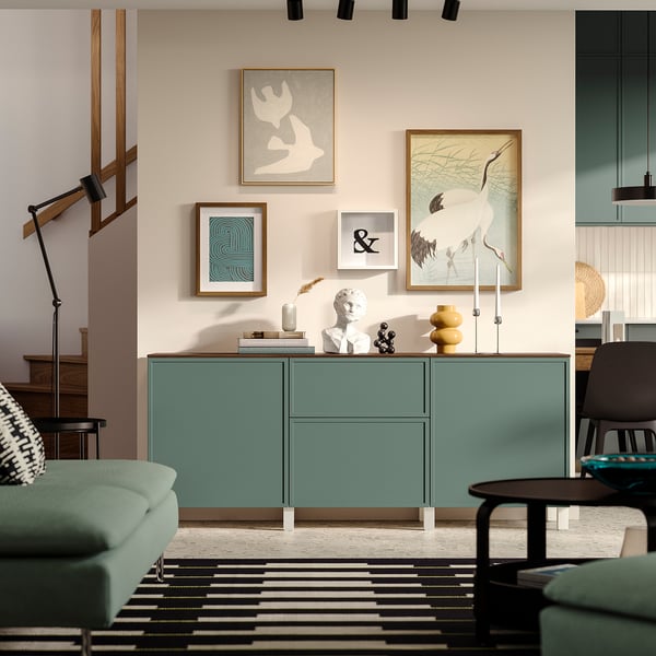 BESTÅ Rangement avec tiroirs, blanc/Krukmakare gris-vert foncé, 70 7/8x16 1/2x29 5/8 "