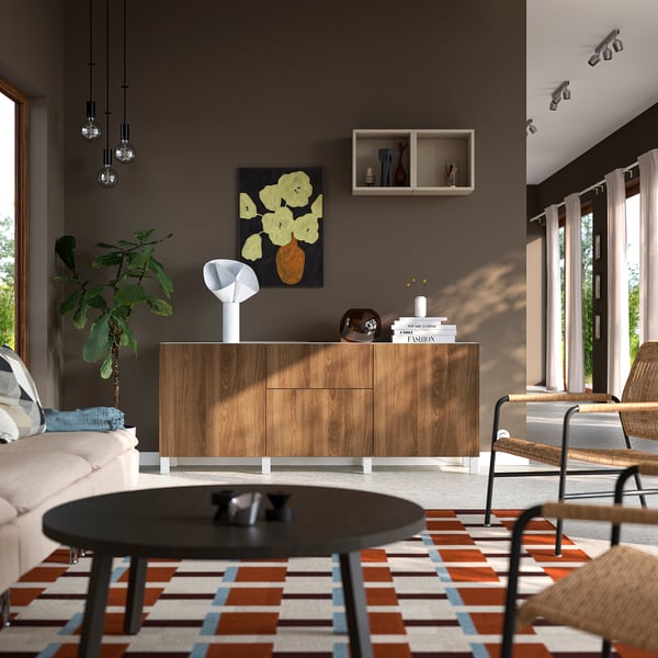 BESTÅ Rangement avec tiroirs, blanc Lappviken/Stubbarp/brun effet noyer, 70 7/8x16 1/2x29 1/8 "