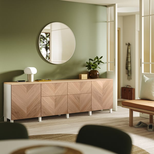 BESTÅ Rangement, blanc/Hedeviken chêne plaqué, 94 1/2x16 1/2x29 7/8 "