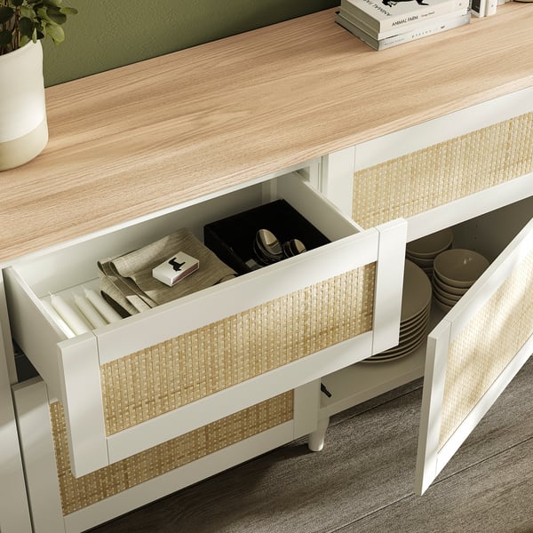 BESTÅ Rangement, blanc/Studsviken peuplier tressé, 94 1/2x16 1/2x29 7/8 "