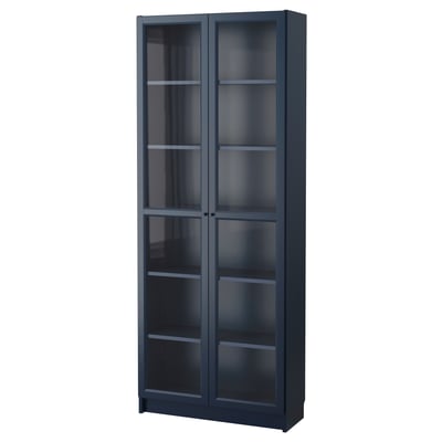 BILLY Bibliothèque vitrée, bleu foncé, 31 1/2x11 3/4x79 1/2 "