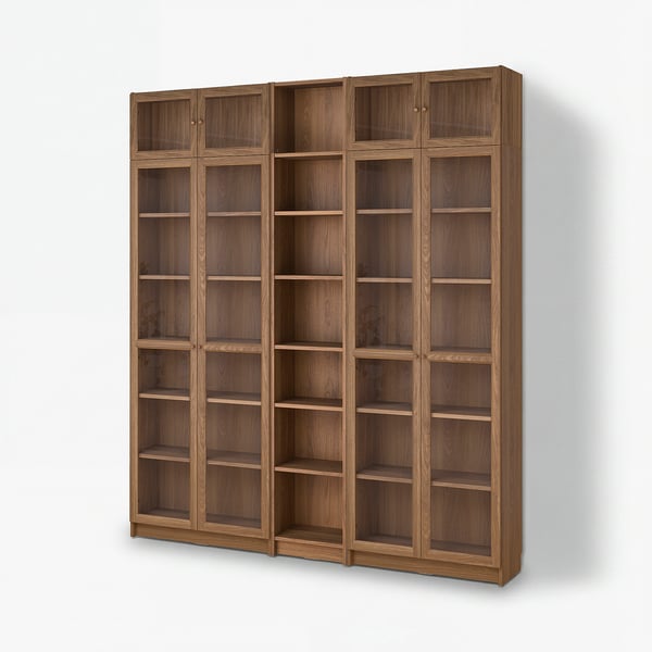 BILLY / OXBERG Bibliothèque+portes vitrées/surmb, brun effet noyer, 78 3/4x11 3/4x93 1/4 "