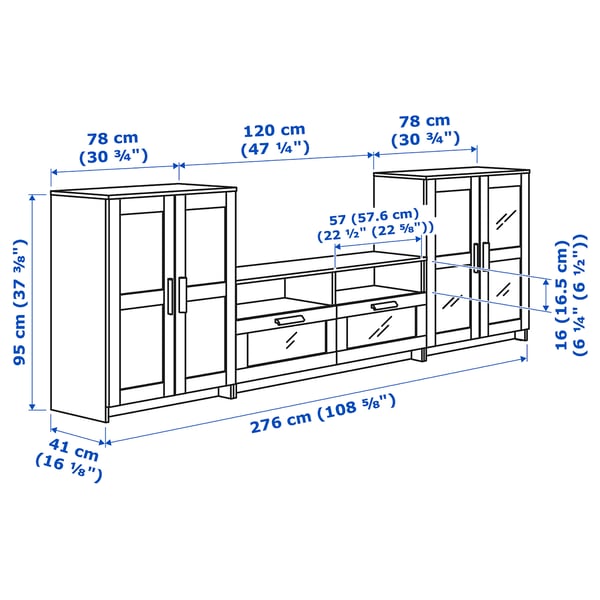 BRIMNES Agenc rangt télé/vitrines, blanc, 108 5/8x16 1/8x37 3/8 "