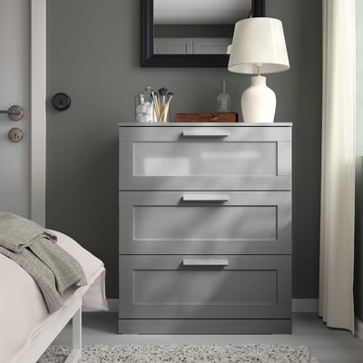 BRIMNES Commode à 3 tiroirs, gris/verre dépoli, 30 3/4x18 1/8x37 3/8 "