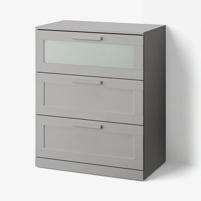 BRIMNES Commode à 3 tiroirs, gris/verre dépoli, 30 3/4x18 1/8x37 3/8 "