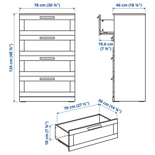 BRIMNES Commode à 4 tiroirs, blanc, 30 3/4x18 1/8x48 7/8 "