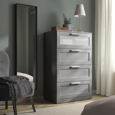 BRIMNES Commode à 4 tiroirs, gris/verre dépoli, 30 3/4x18 1/8x48 7/8 "