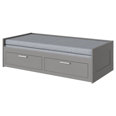 BRIMNES Lit d'appoint, 2 tiroirs/2 matelas, gris/Ågotnes ferme, 1 place