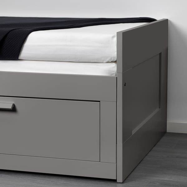BRIMNES Lit d'appoint, 2 tiroirs/2 matelas, gris/Åsvang mi-ferme, 1 place