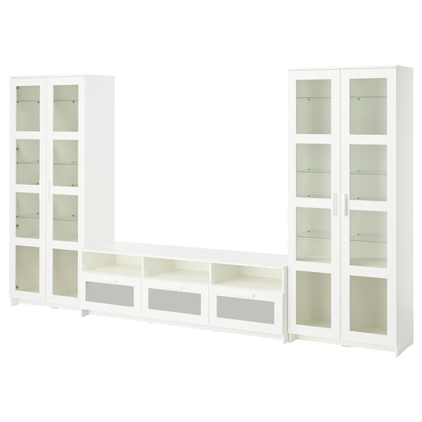 BRIMNES Rangement télé à portes vitrées, blanc, 133 7/8x16 1/8x74 3/4 "