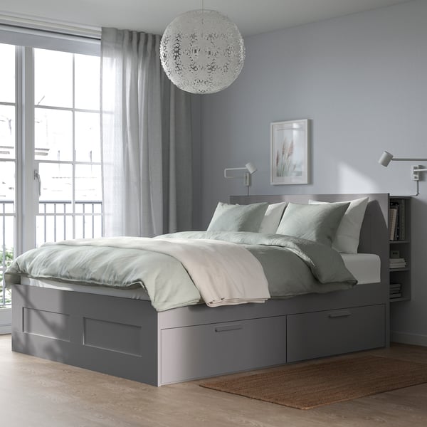 BRIMNES Struct de lit+rangement/tête de lit, gris/Luröy, Grand 2 places