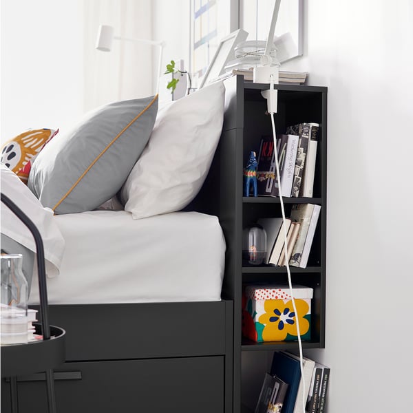 BRIMNES Struct de lit+rangement/tête de lit, noir, Deux places