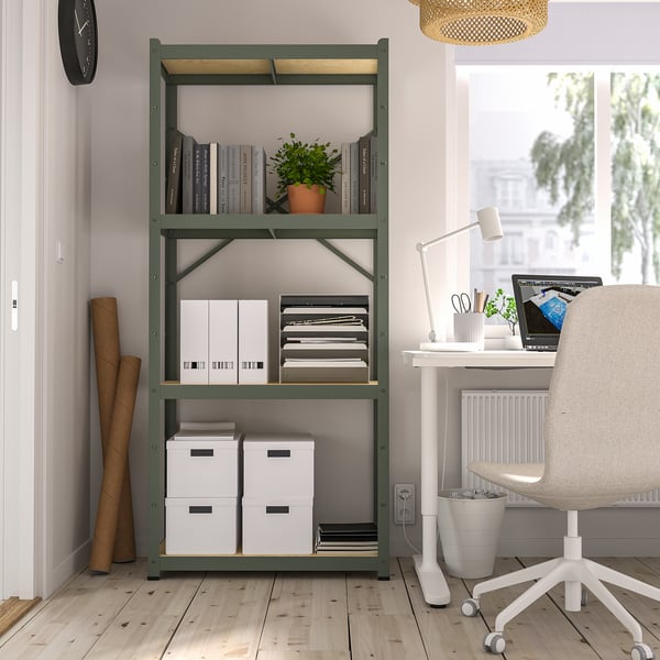 BROR Étagère, gris-vert/contreplaqué de pin, 33 1/2x15 3/4x74 3/4 "