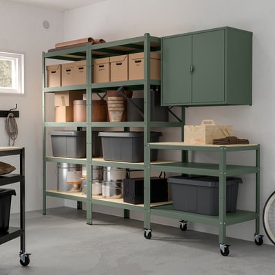 BROR Rangement av étag/armoire/desserte, gris-vert/contreplaqué de pin