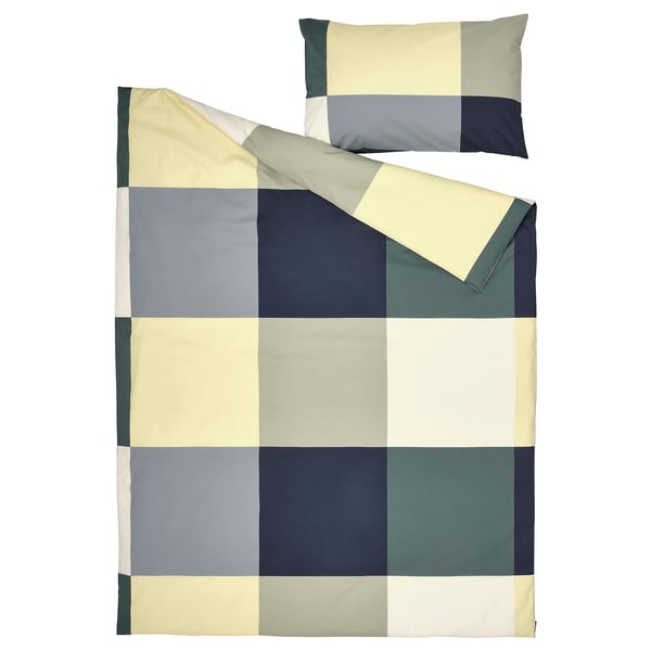 BRUNKRISSLA Housse de couette et taie(s), vert/multicolore, 1 place