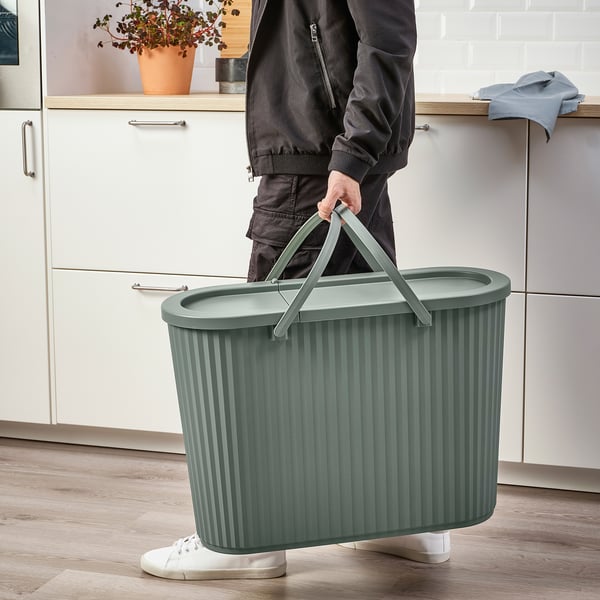 DAMMÄNG Bac avec couvercle, gris-vert, 13 gallon