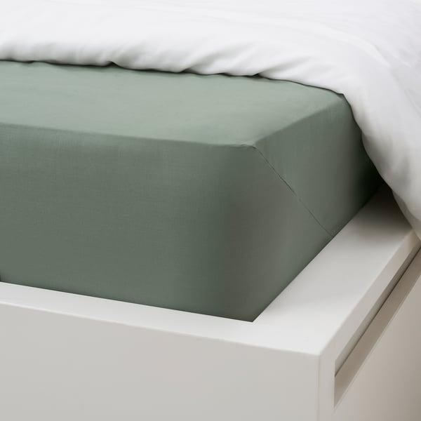 DVALA Drap-housse, gris-vert, 1 place très grand