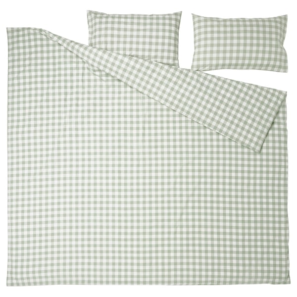 EKTANDVINGE Housse de couette et taie(s), gris-vert pâle blanc/carreaux, 2 places/grand 2 places