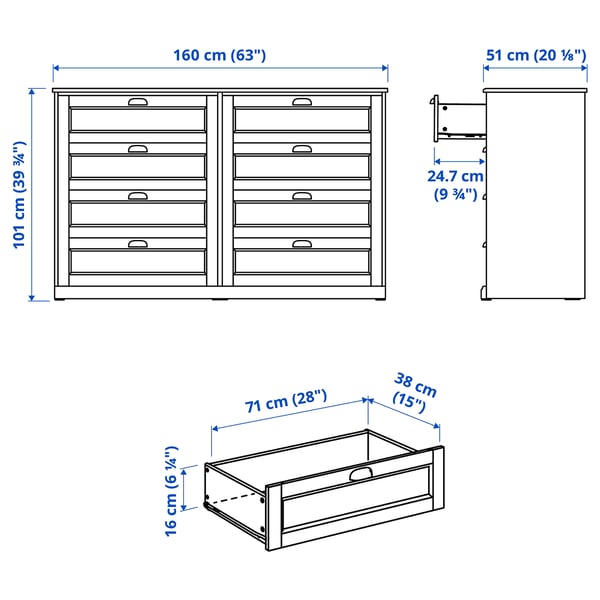 FÅGELFJÄLLET Commode à 8 tiroirs, bleu gris foncé, 63x20 1/8x39 3/4 "