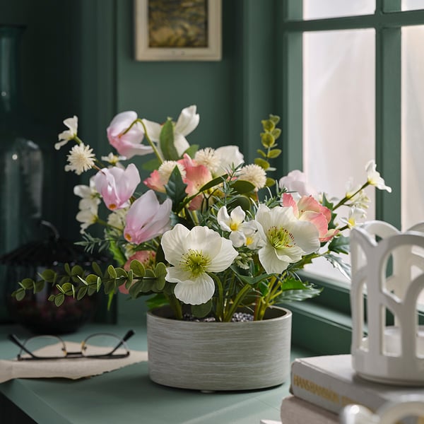FEJKA Composition florale artificielle, intérieur/extérieur rose/blanc, 5 7/8 "