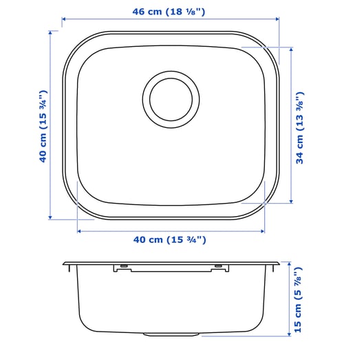 FYNDIG Évier à encastrer, 1 bac, acier inox, 18 1/8x15 3/4 "