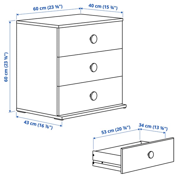 GODISHUS Commode à 3 tiroirs, blanc, 23 5/8x16 7/8x23 5/8 "
