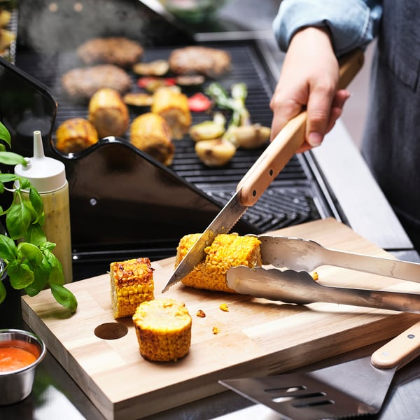 GRILLTIDER Ustensiles barbecue, 3 pièces, acier inox/hêtre