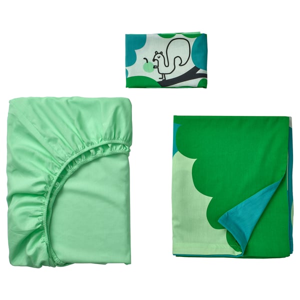 GRÖNFINK Linge de lit enfant, 3 pièces, vert/turquoise, 27 ½x52 "