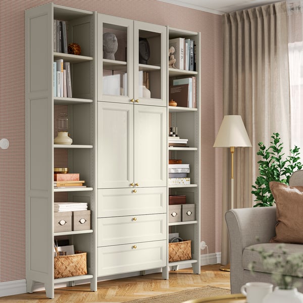 GULDDRAGARE Rangement, beige/verre clair avec 3 tiroirs, 63 3/4x14 3/8x84 7/8 "