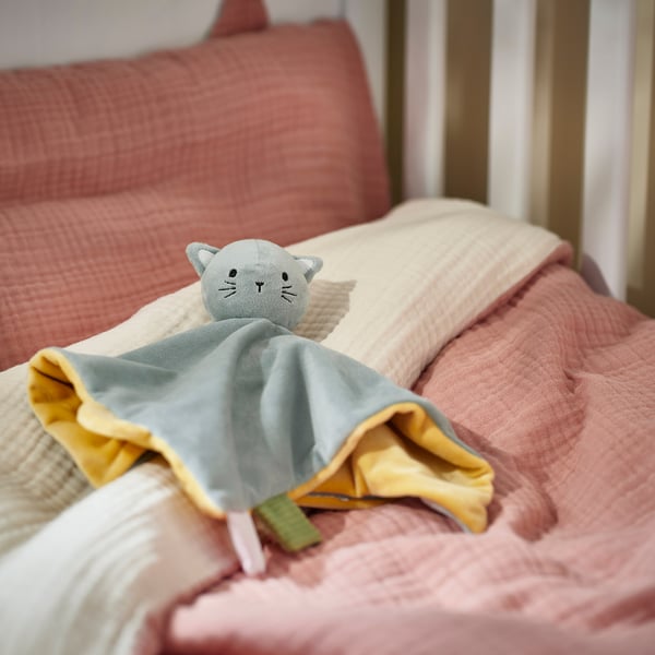 GULDVÄVARE Couverture douce avec peluche, bleu jaune/chat