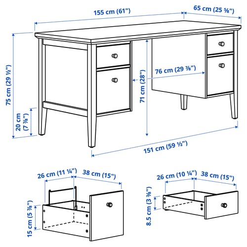 GULLABERG Bureau avec tiroirs dossiers susp, blanc, 61x25 5/8x29 1/2 "
