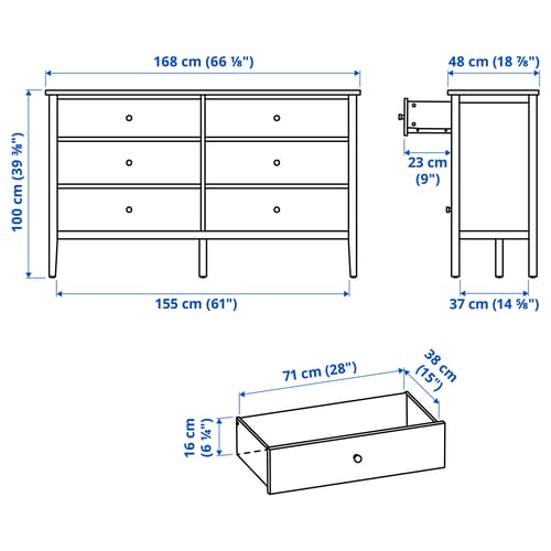 GULLABERG Commode à 6 tiroirs, blanc/fonction ouverture/fixation, 66 1/8x18 7/8x39 3/8 "