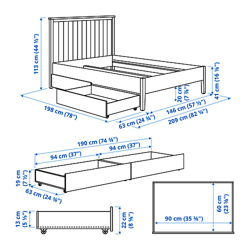 GULLABERG Structure de lit +2 coffres, gris, 2 places