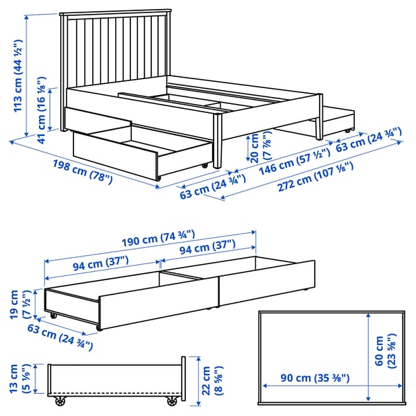 GULLABERG Structure de lit + 4 coffres, gris, 2 places