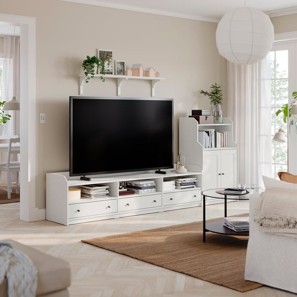 HAUGA Agencement télé/rangement, blanc, 108 5/8x18 1/8x45 5/8 "