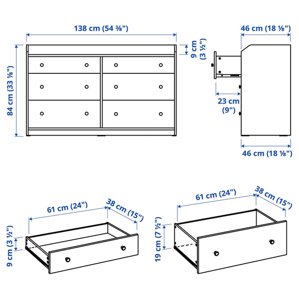 HAUGA Commode à 6 tiroirs, blanc, 54 3/8x18 1/8x33 1/8 "