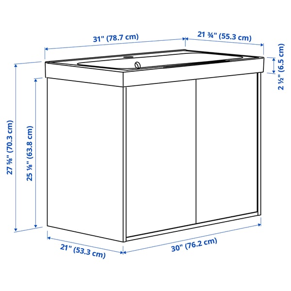 HAVBÄCK / ORRSJÖN Meuble sdb avec portes/lavabo, blanc, 31x21 3/4x27 5/8 "
