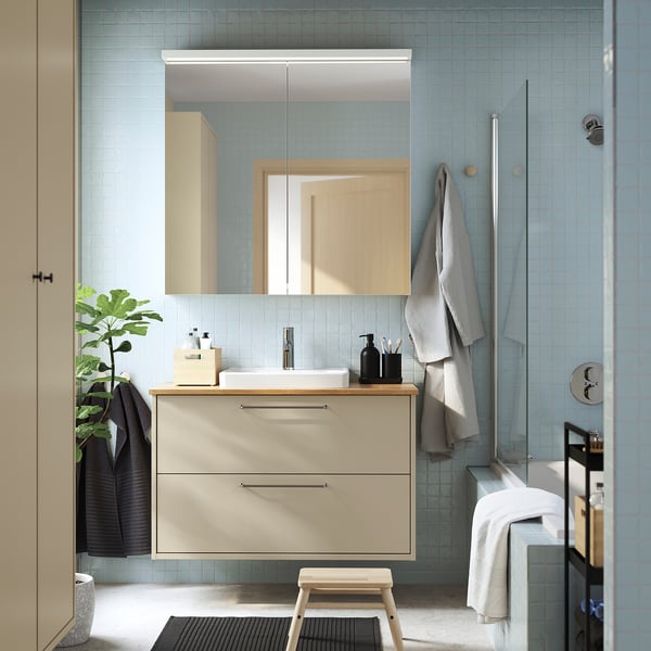 HAVBÄCK / ORRSJÖN Meuble sdb avec tiroirs/lavabo, beige/bambou, 37x21 1/2x28 3/8 "