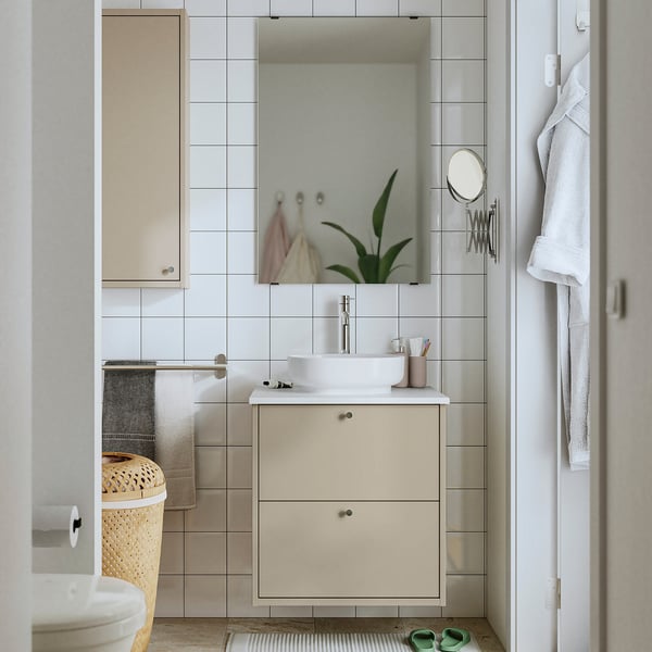 HAVBÄCK / VINDELÄLVEN Meuble sdb avec tiroirs/lavabo, beige/blanc marbré, 25x21 1/2x30 5/8 "