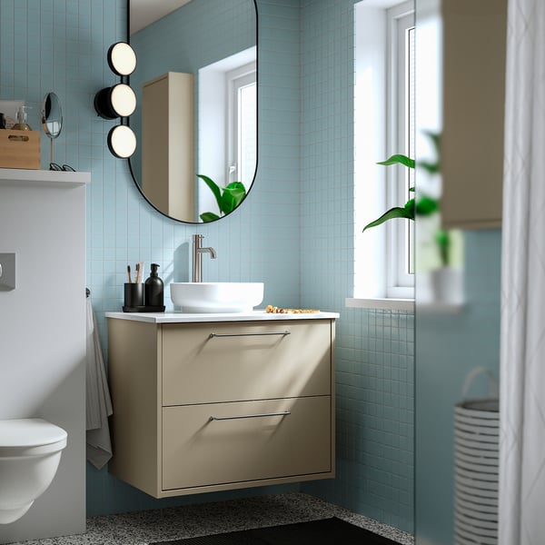 HAVBÄCK / VINDELÄLVEN Meuble sdb avec tiroirs/lavabo, beige/blanc marbré, 31x21 1/2x30 5/8 "