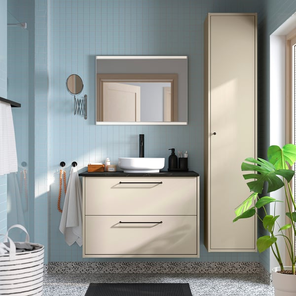 HAVBÄCK / VINDELÄLVEN Meuble sdb avec tiroirs/lavabo, beige/noir marbré, 37x21 1/2x30 5/8 "