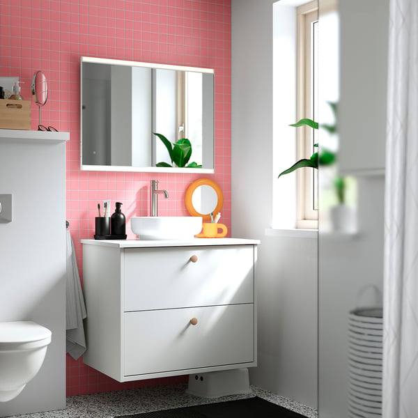 HAVBÄCK / VINDELÄLVEN Meuble sdb avec tiroirs/lavabo, blanc/blanc marbré, 31x21 1/2x30 5/8 "