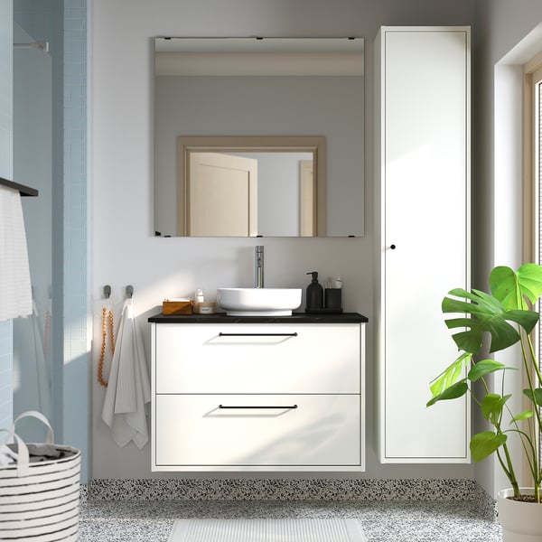 HAVBÄCK / VINDELÄLVEN Meuble sdb avec tiroirs/lavabo, blanc/noir marbré, 37x21 1/2x30 5/8 "