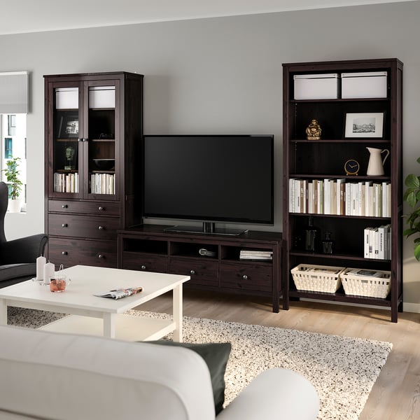 HEMNES Agencement meuble télé, brun-noir/verre clair, 128 3/8x77 1/2 "