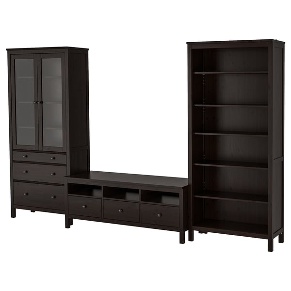HEMNES Agencement meuble télé, brun-noir/verre clair, 128 3/8x77 1/2 "