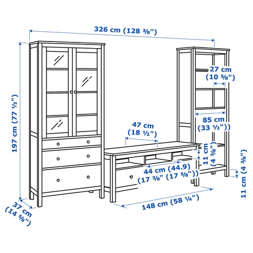 HEMNES Agencement meuble télé, teinté blanc/brun clair verre clair, 128 3/8x77 1/2 "
