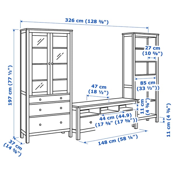 HEMNES Agencement meuble télé, teinté blanc/verre clair, 128 3/8x77 1/2 "